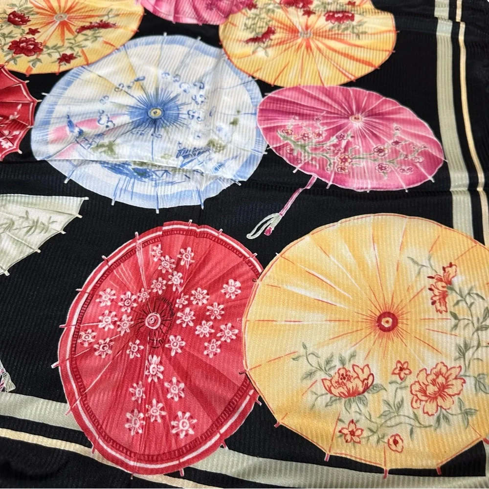 Talbots 100% Silk Scarf – Black with Multi-Colored Floral Parasols, Like New